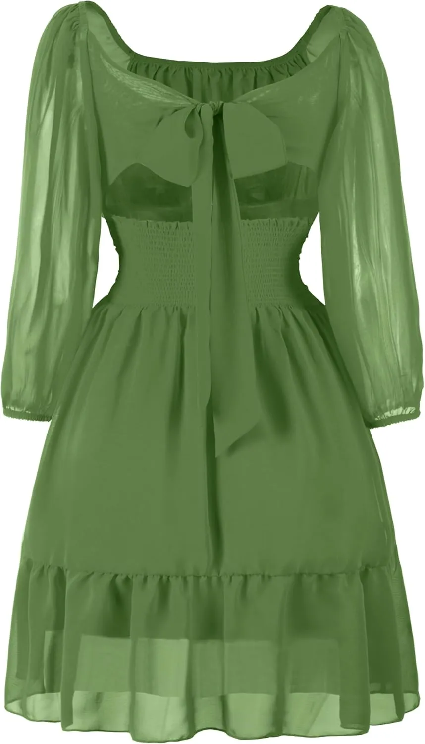 PUKAVT Women's Summer Dresses 2025 Square Neck Tie Back 3/4 Lantern Sleeve Vintage Chiffon Short Dress