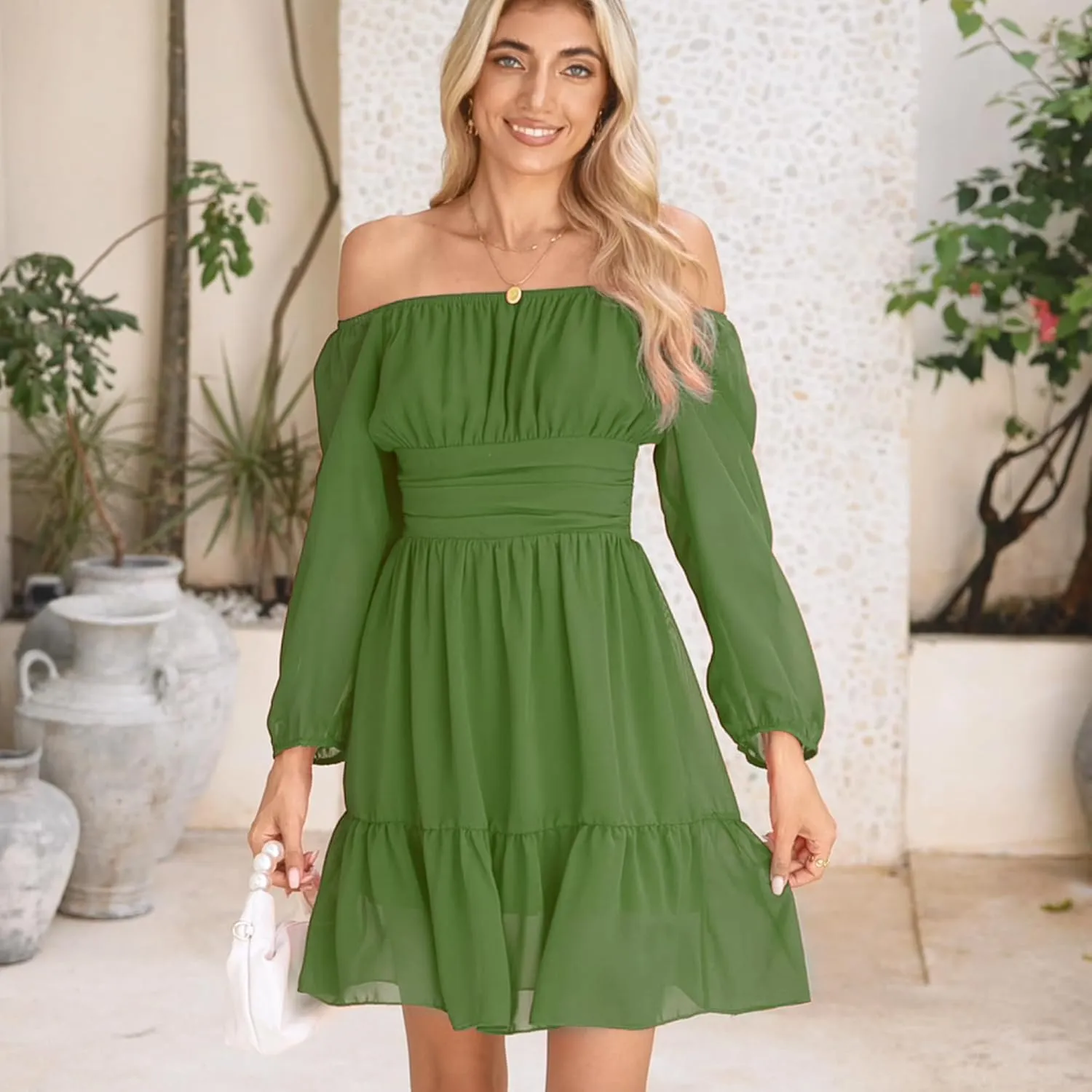 PUKAVT Women's Summer Dresses 2025 Square Neck Tie Back 3/4 Lantern Sleeve Vintage Chiffon Short Dress