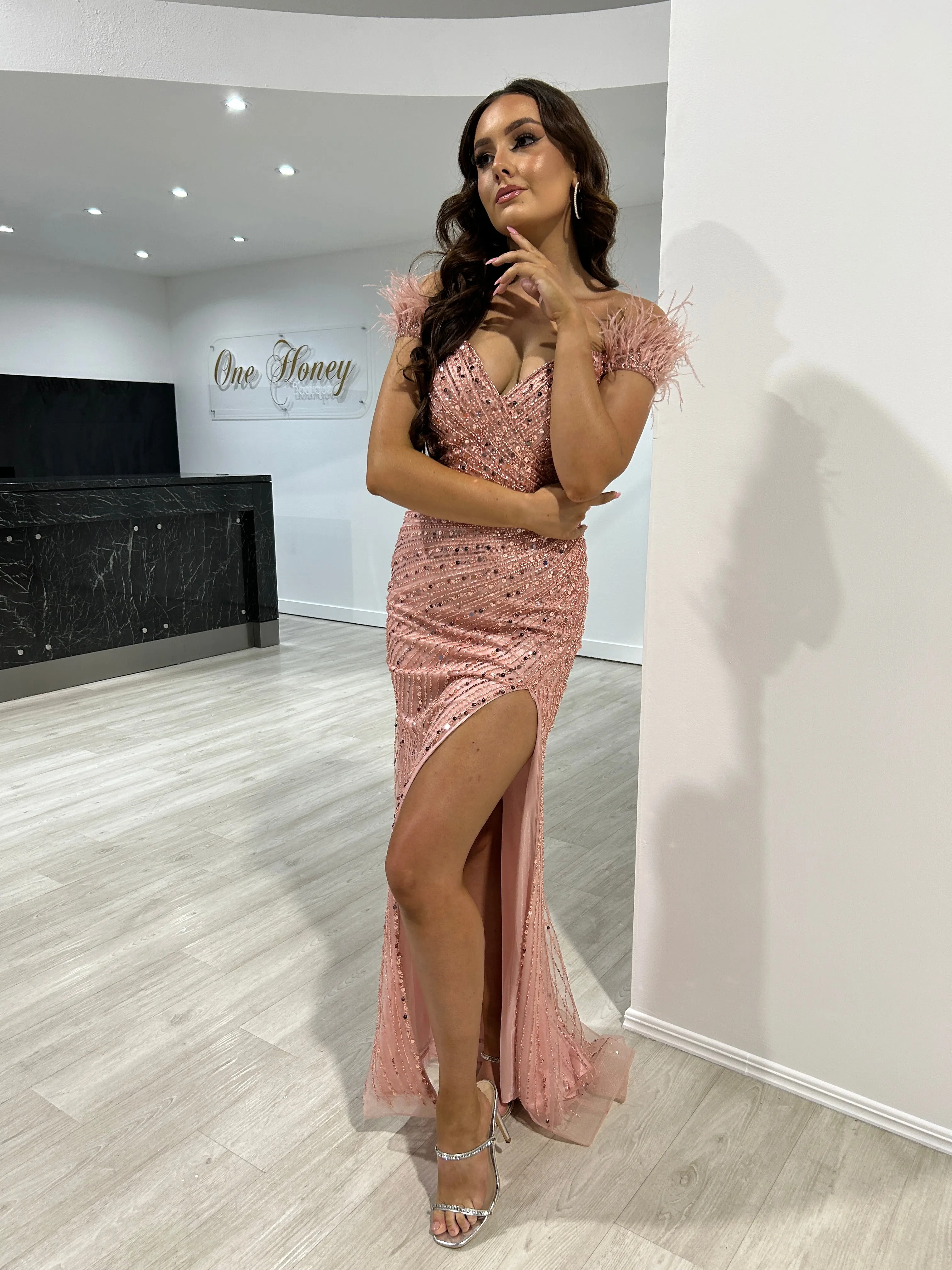 SABINA Beaded Sequin Feather Leg Split Mermaid Formal Dress