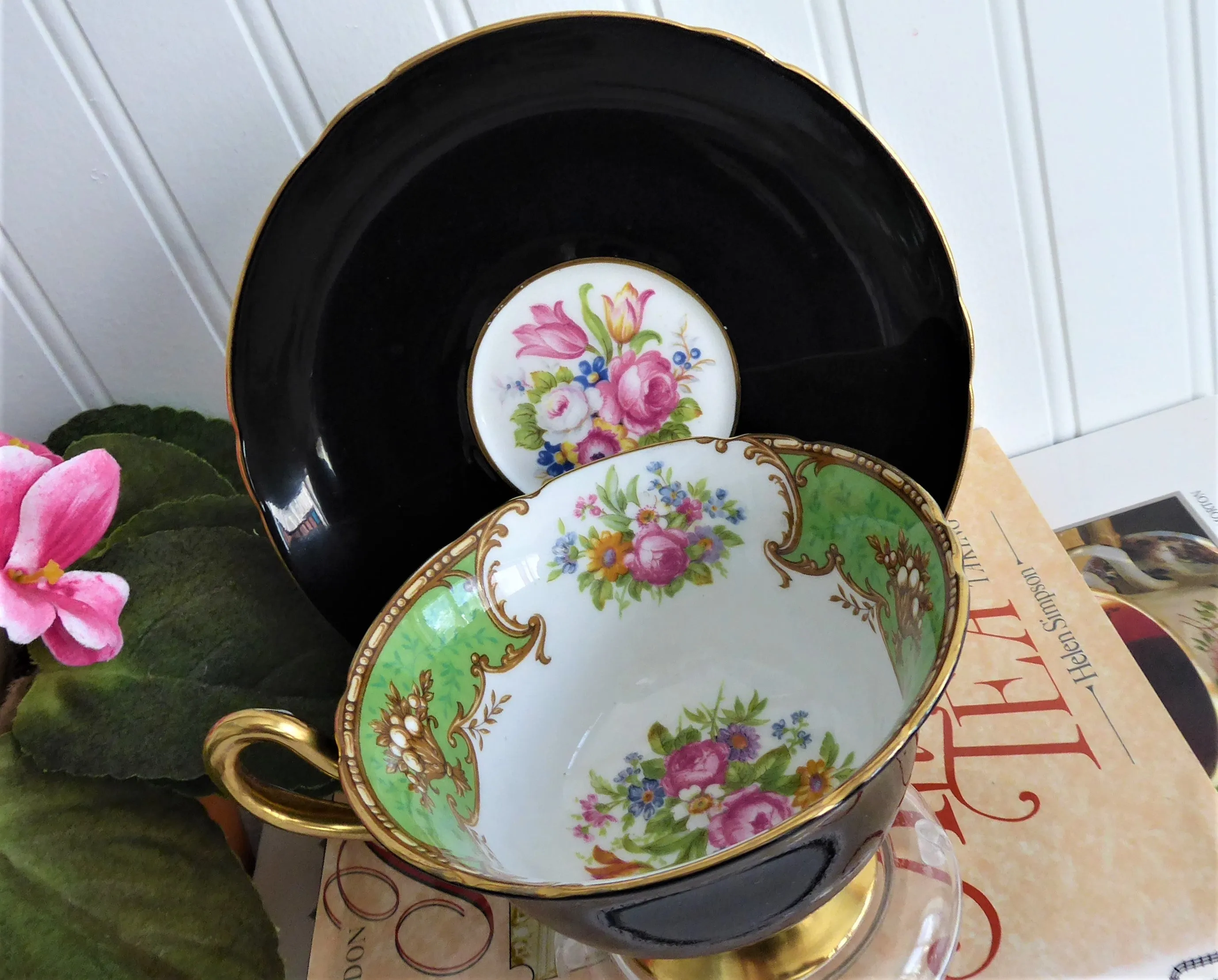 Shelley Black Teacup Duchess Green Cup and Saucer Shelley England Gainsborough 1950s