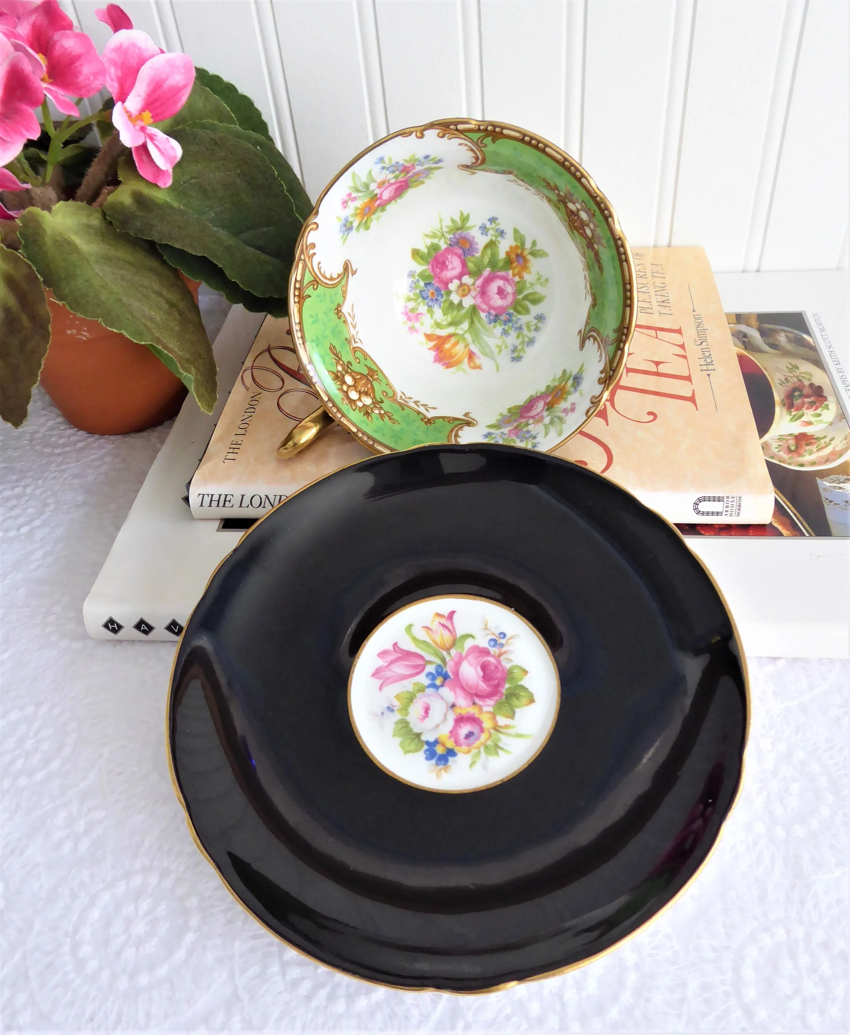 Shelley Black Teacup Duchess Green Cup and Saucer Shelley England Gainsborough 1950s