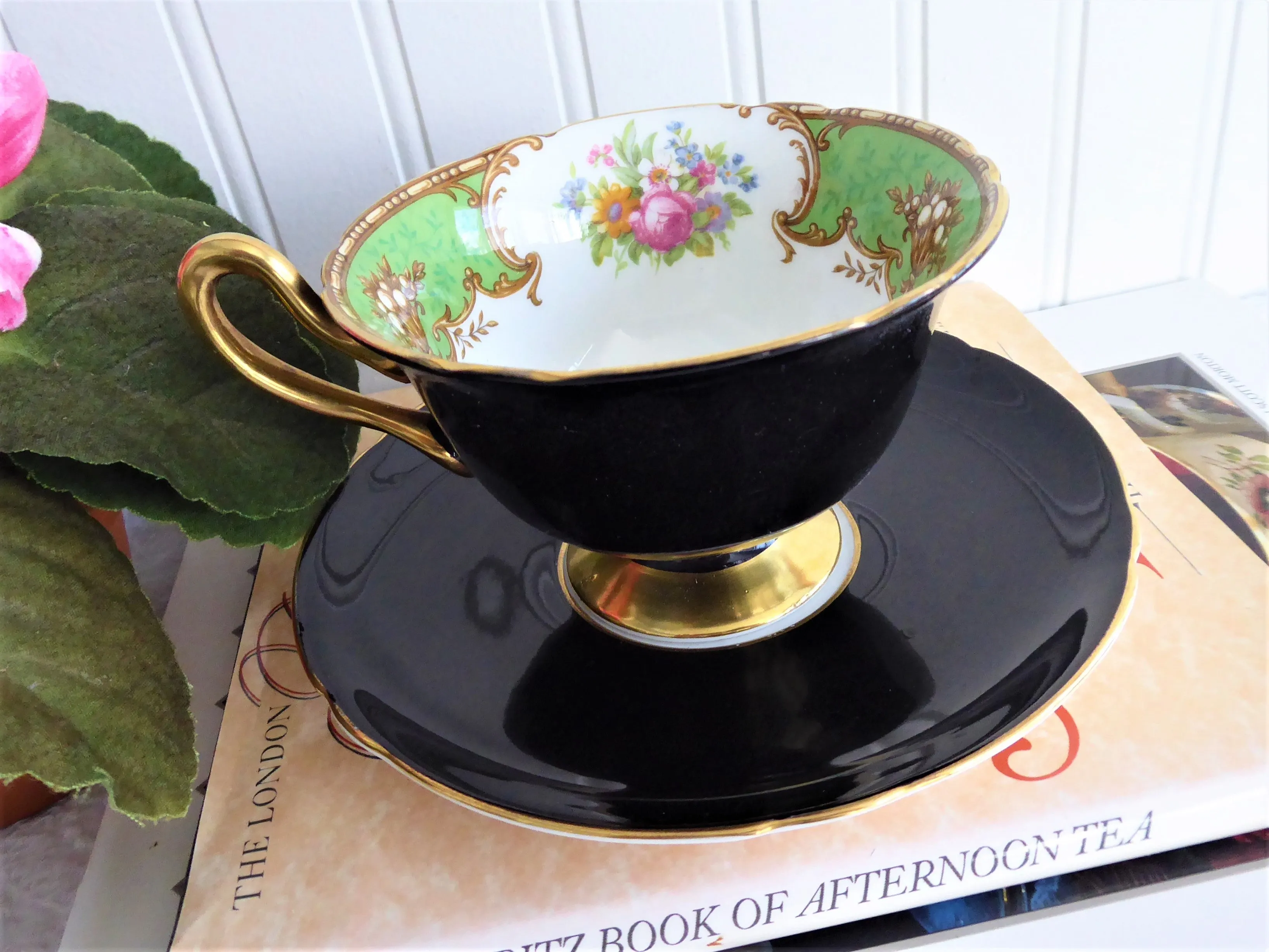 Shelley Black Teacup Duchess Green Cup and Saucer Shelley England Gainsborough 1950s