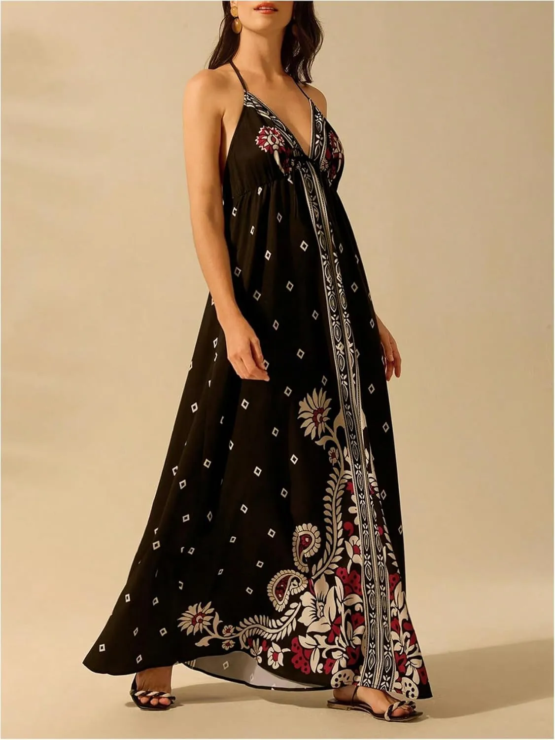 SOLY HUX Women's Boho Floral Print Maxi Dress Halter Backless Flowy Long Vacation Beach Summer Dresses