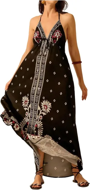 SOLY HUX Women's Boho Floral Print Maxi Dress Halter Backless Flowy Long Vacation Beach Summer Dresses