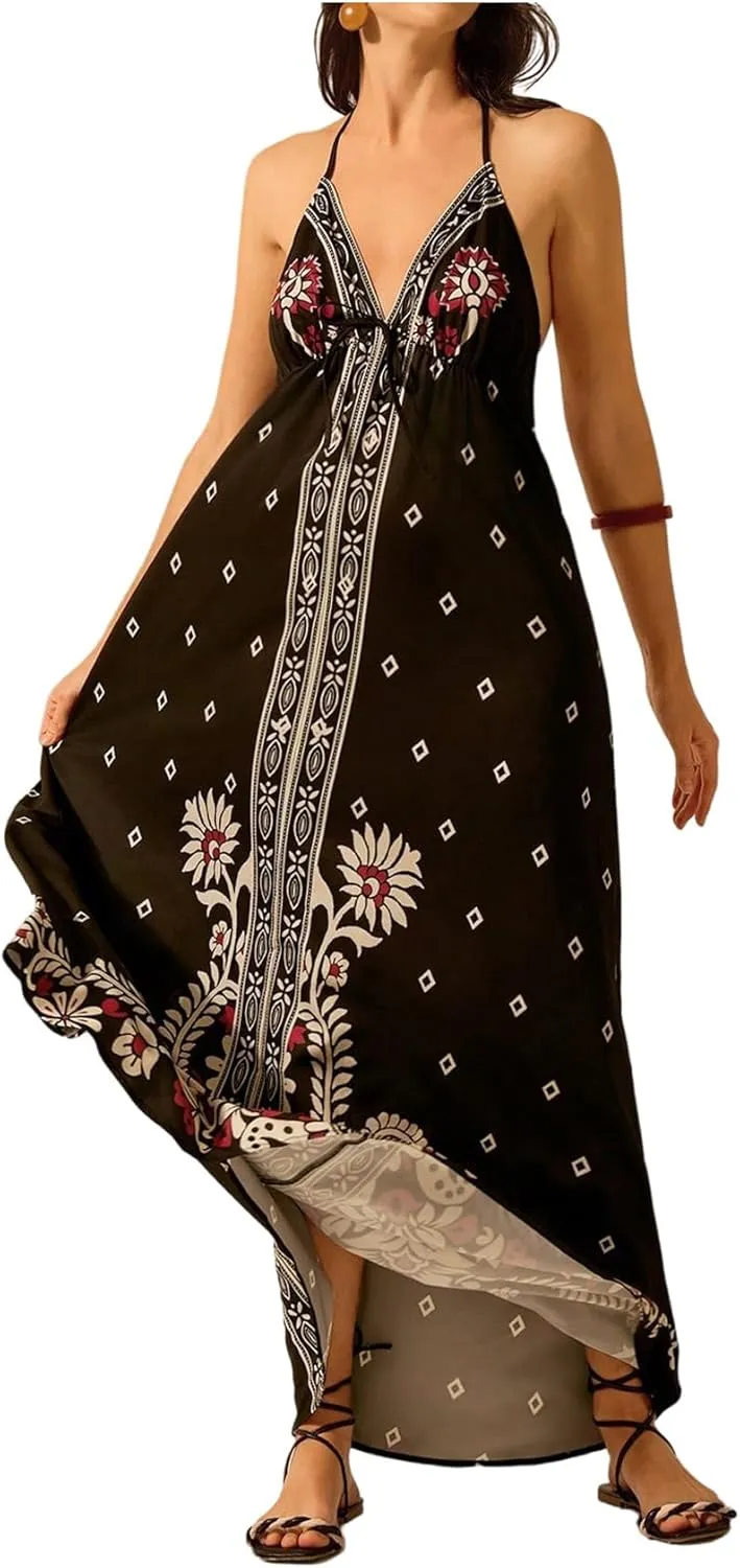 SOLY HUX Women's Boho Floral Print Maxi Dress Halter Backless Flowy Long Vacation Beach Summer Dresses