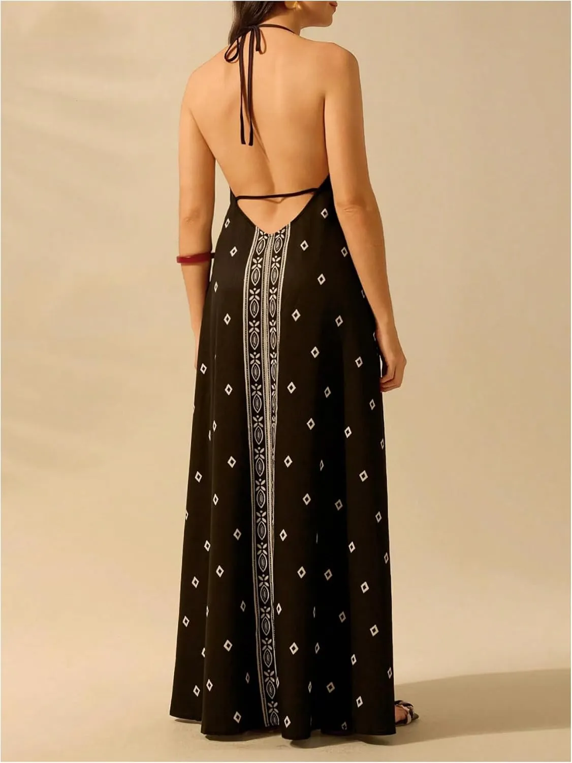 SOLY HUX Women's Boho Floral Print Maxi Dress Halter Backless Flowy Long Vacation Beach Summer Dresses