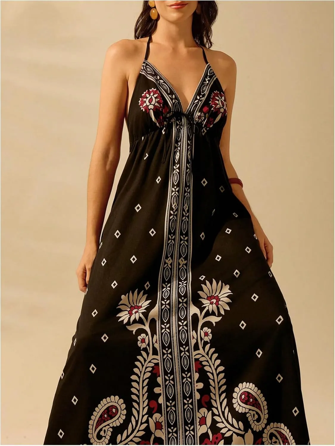 SOLY HUX Women's Boho Floral Print Maxi Dress Halter Backless Flowy Long Vacation Beach Summer Dresses