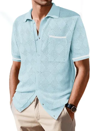 SuperPrity Men's Polo Shirt Vintage Knit Short Sleeve Shirts Button Down Beach Shirts Textured Golf Shirts with Pocket