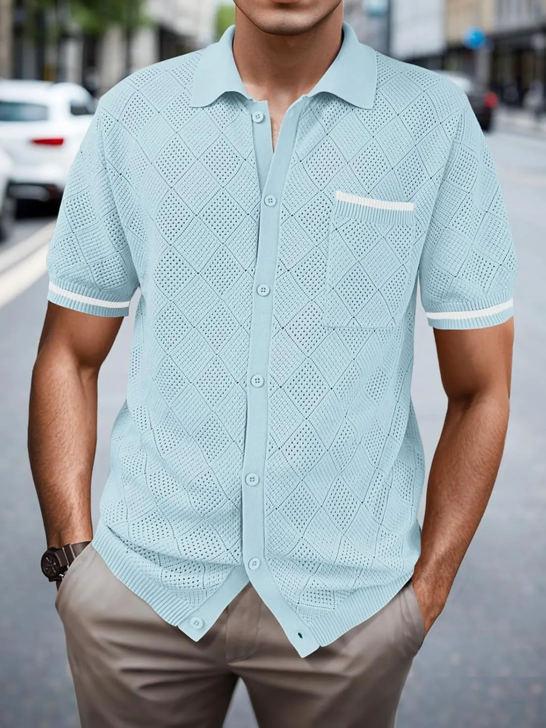 SuperPrity Men's Polo Shirt Vintage Knit Short Sleeve Shirts Button Down Beach Shirts Textured Golf Shirts with Pocket