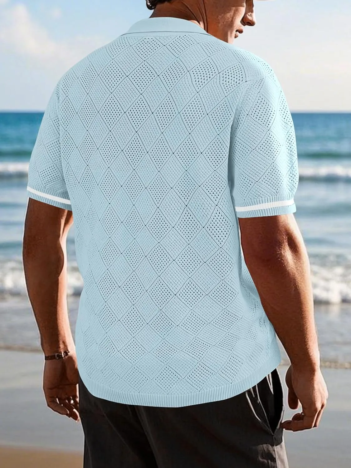 SuperPrity Men's Polo Shirt Vintage Knit Short Sleeve Shirts Button Down Beach Shirts Textured Golf Shirts with Pocket