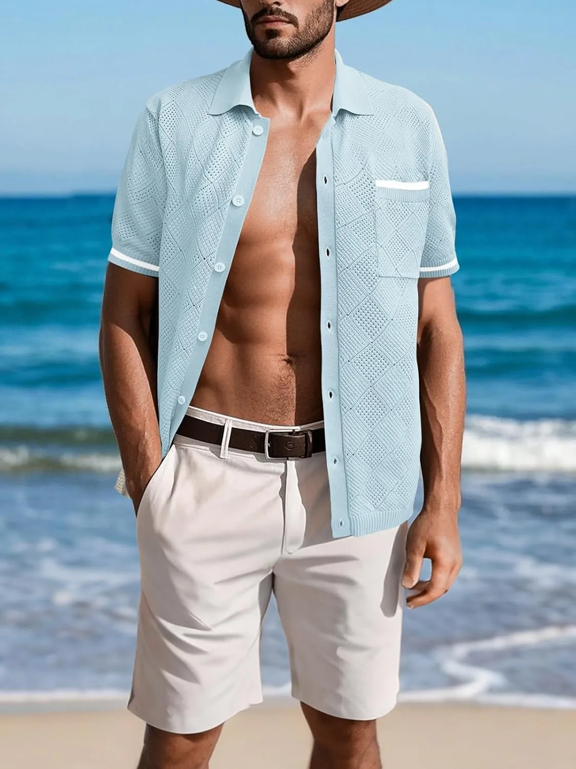 SuperPrity Men's Polo Shirt Vintage Knit Short Sleeve Shirts Button Down Beach Shirts Textured Golf Shirts with Pocket