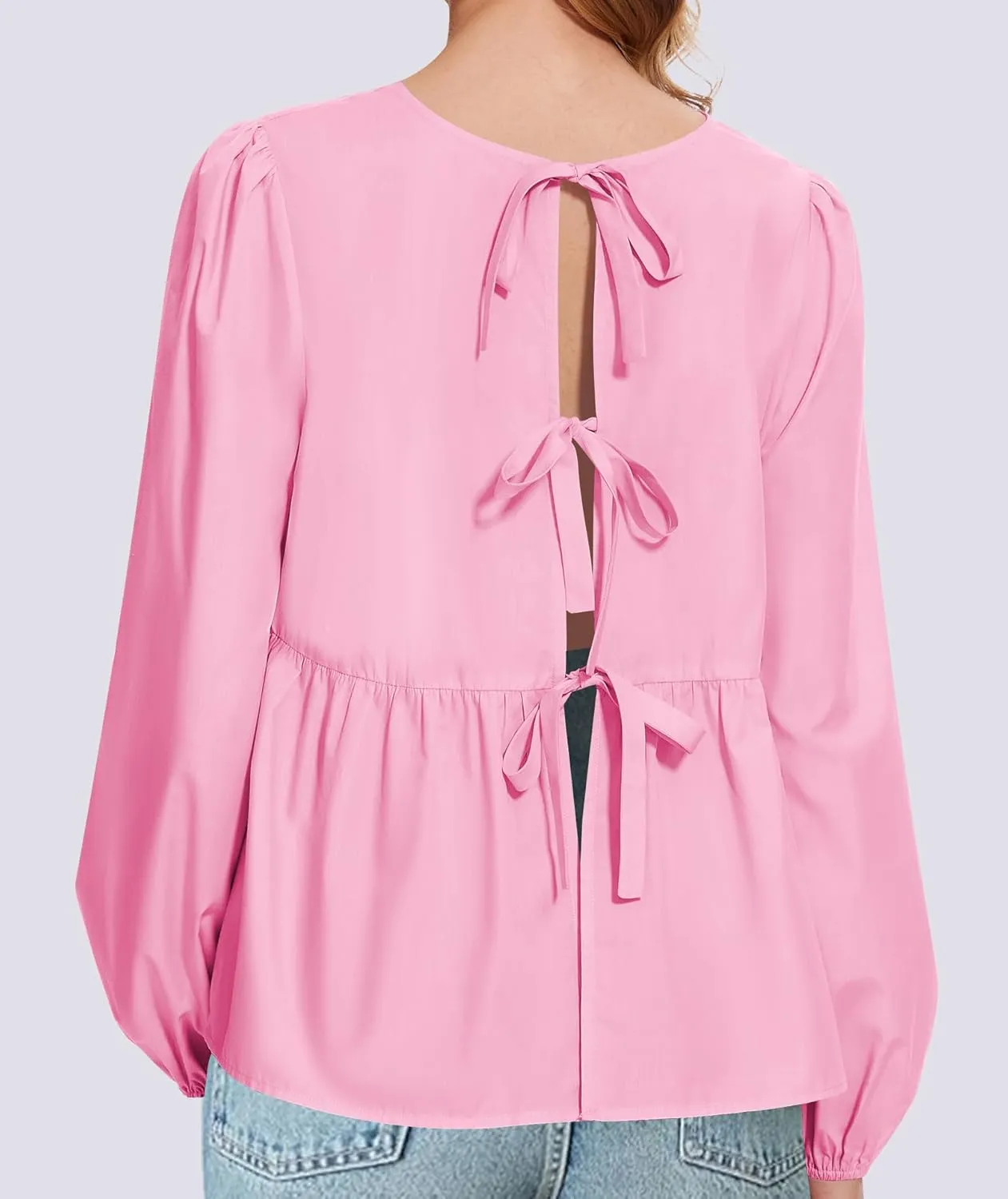 Tie Front Tops for Women Puff Long Sleeve Shirt Peplum Hem Cute Babydoll Blouse Y2k Going Out Tops