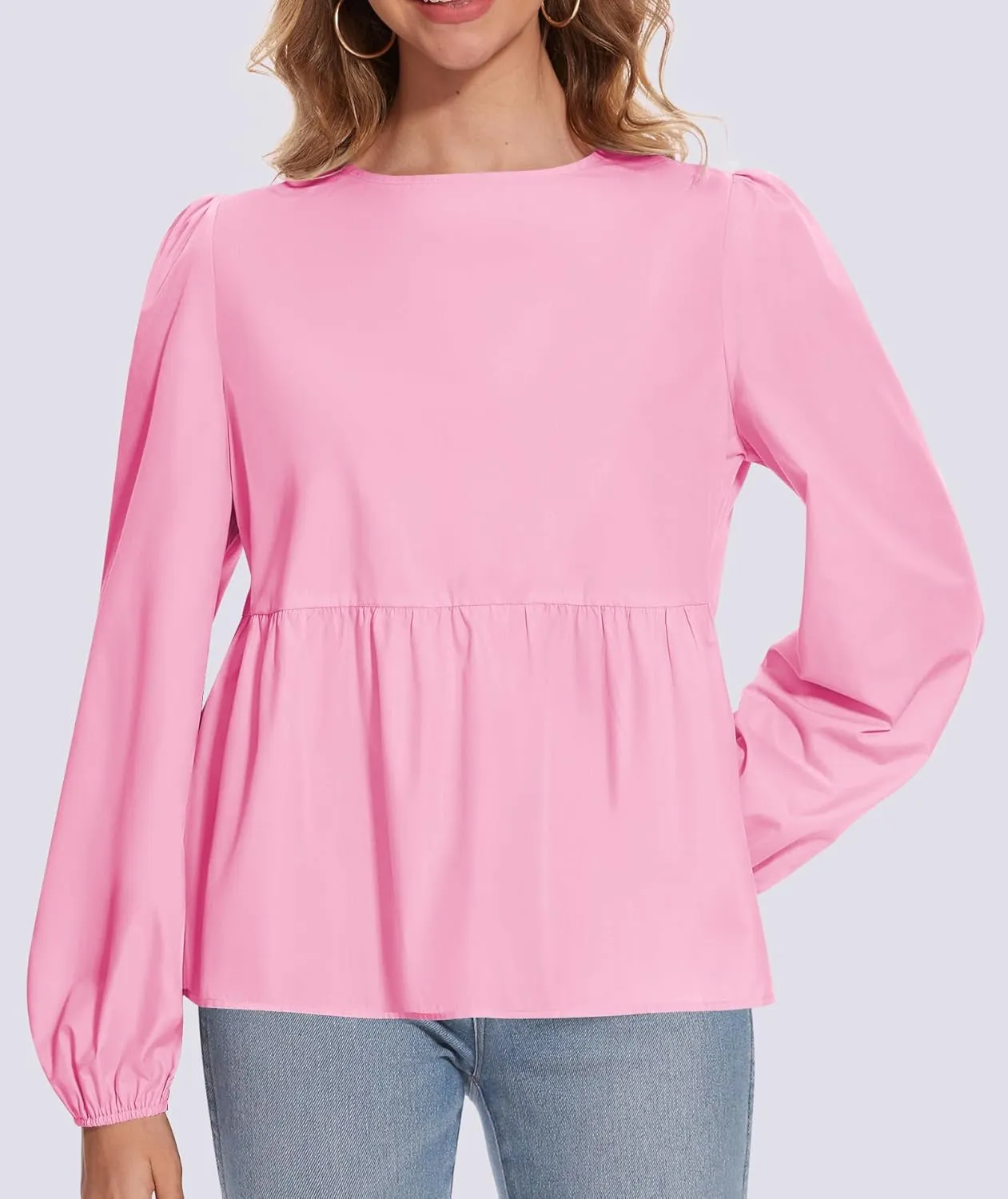 Tie Front Tops for Women Puff Long Sleeve Shirt Peplum Hem Cute Babydoll Blouse Y2k Going Out Tops