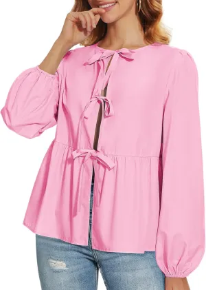 Tie Front Tops for Women Puff Long Sleeve Shirt Peplum Hem Cute Babydoll Blouse Y2k Going Out Tops