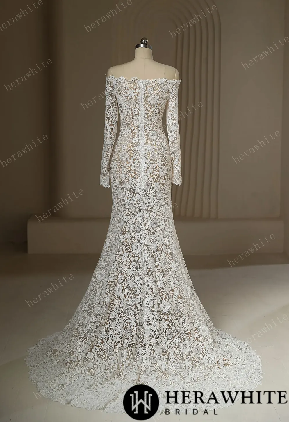 Unique Boho Off The Shoulder Sheer Lace Wedding Dress