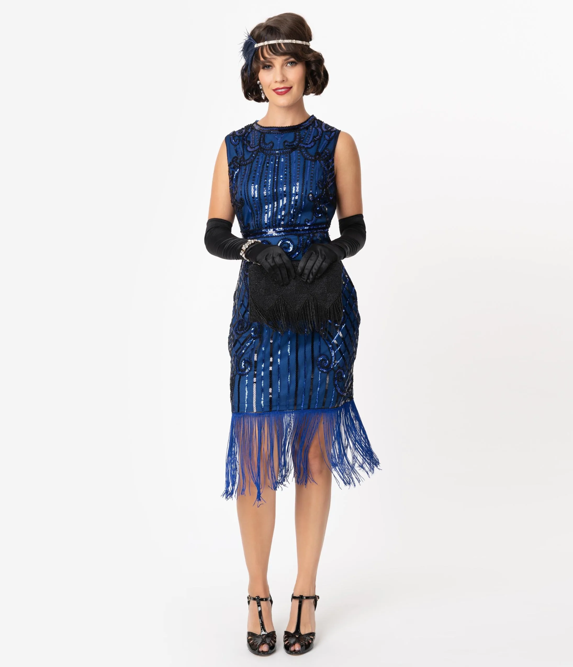 Unique Vintage 1920s Style Blue & Black Beaded Avignon Flapper Dress