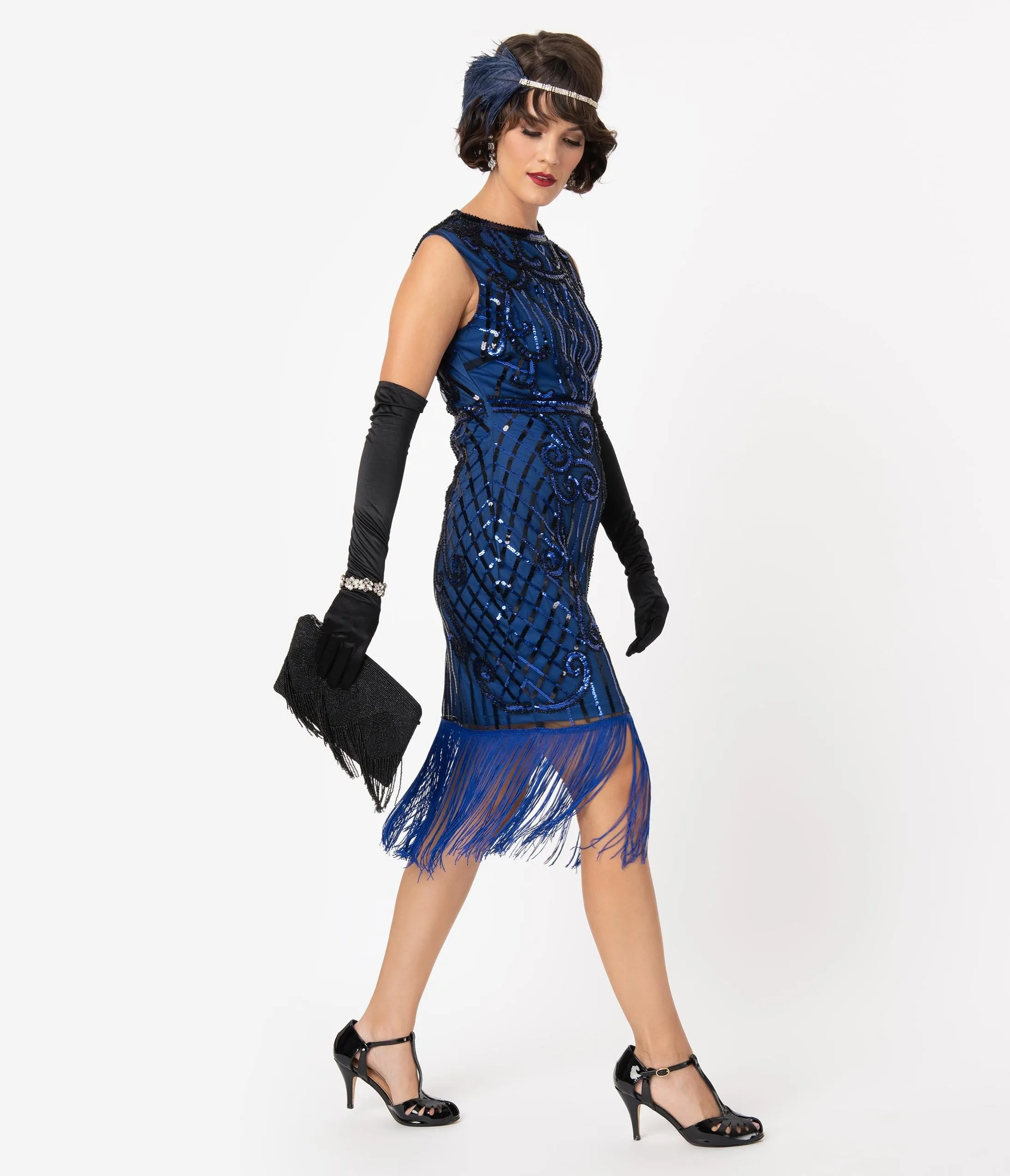 Unique Vintage 1920s Style Blue & Black Beaded Avignon Flapper Dress