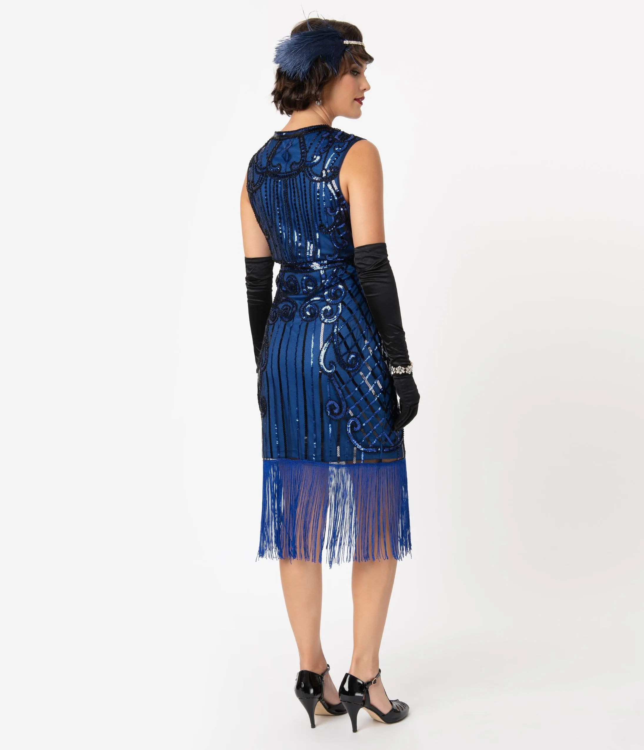 Unique Vintage 1920s Style Blue & Black Beaded Avignon Flapper Dress