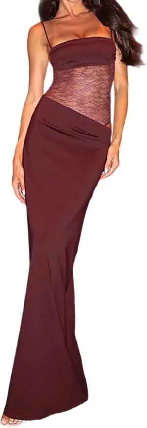 Unybwonn Lace Maxi Dress Sexy Sheer Sleeveless Bodycon Mesh Long Dresses Cut Out Spaghetti Strap Wedding Guest Dress