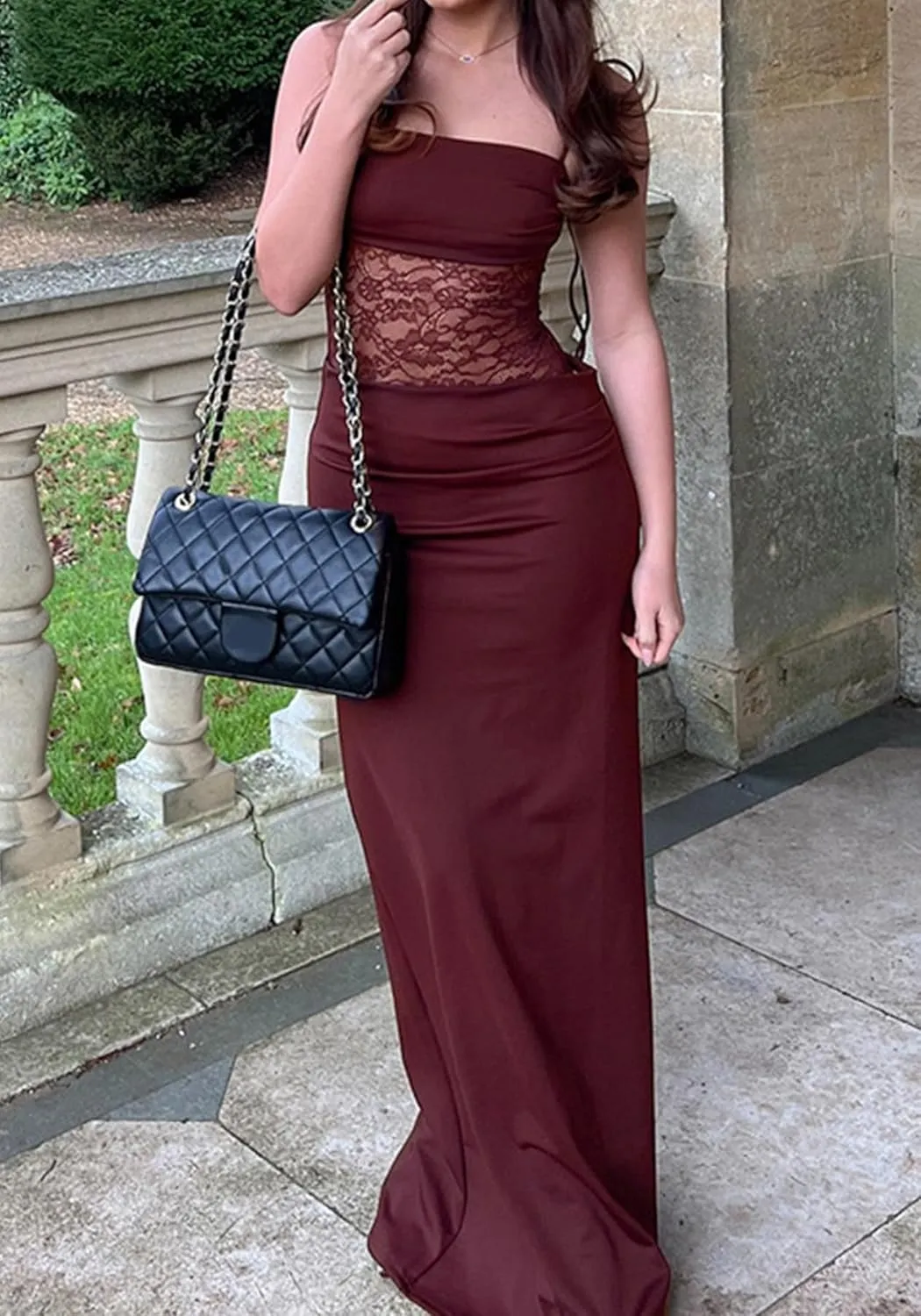Unybwonn Lace Maxi Dress Sexy Sheer Sleeveless Bodycon Mesh Long Dresses Cut Out Spaghetti Strap Wedding Guest Dress