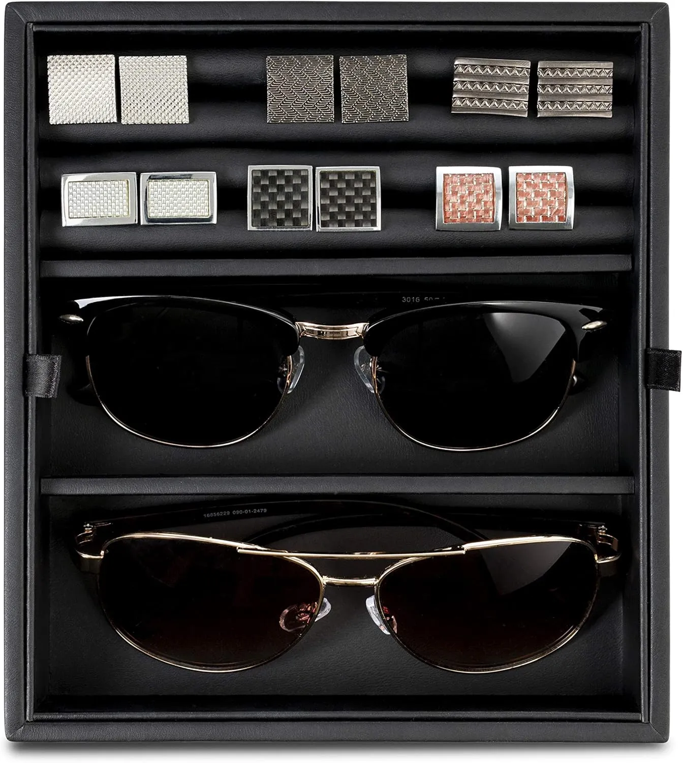Valet Jewelry Box for Men - Holds 6 Watches, 12 cufflinks, 2 Sunglasses & Tray Storage - Mens Watch Case - CarbonFiber Organizer w Metal Accents, PU Leather & Large Glass Lid - Black