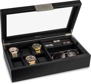 Valet Jewelry Box for Men - Holds 6 Watches, 12 cufflinks, 2 Sunglasses & Tray Storage - Mens Watch Case - CarbonFiber Organizer w Metal Accents, PU Leather & Large Glass Lid - Black