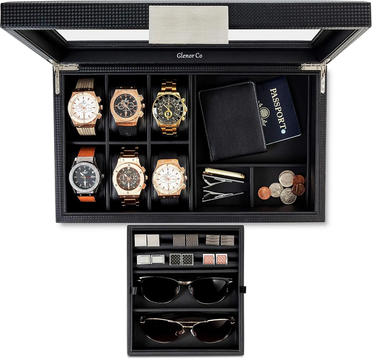 Valet Jewelry Box for Men - Holds 6 Watches, 12 cufflinks, 2 Sunglasses & Tray Storage - Mens Watch Case - CarbonFiber Organizer w Metal Accents, PU Leather & Large Glass Lid - Black