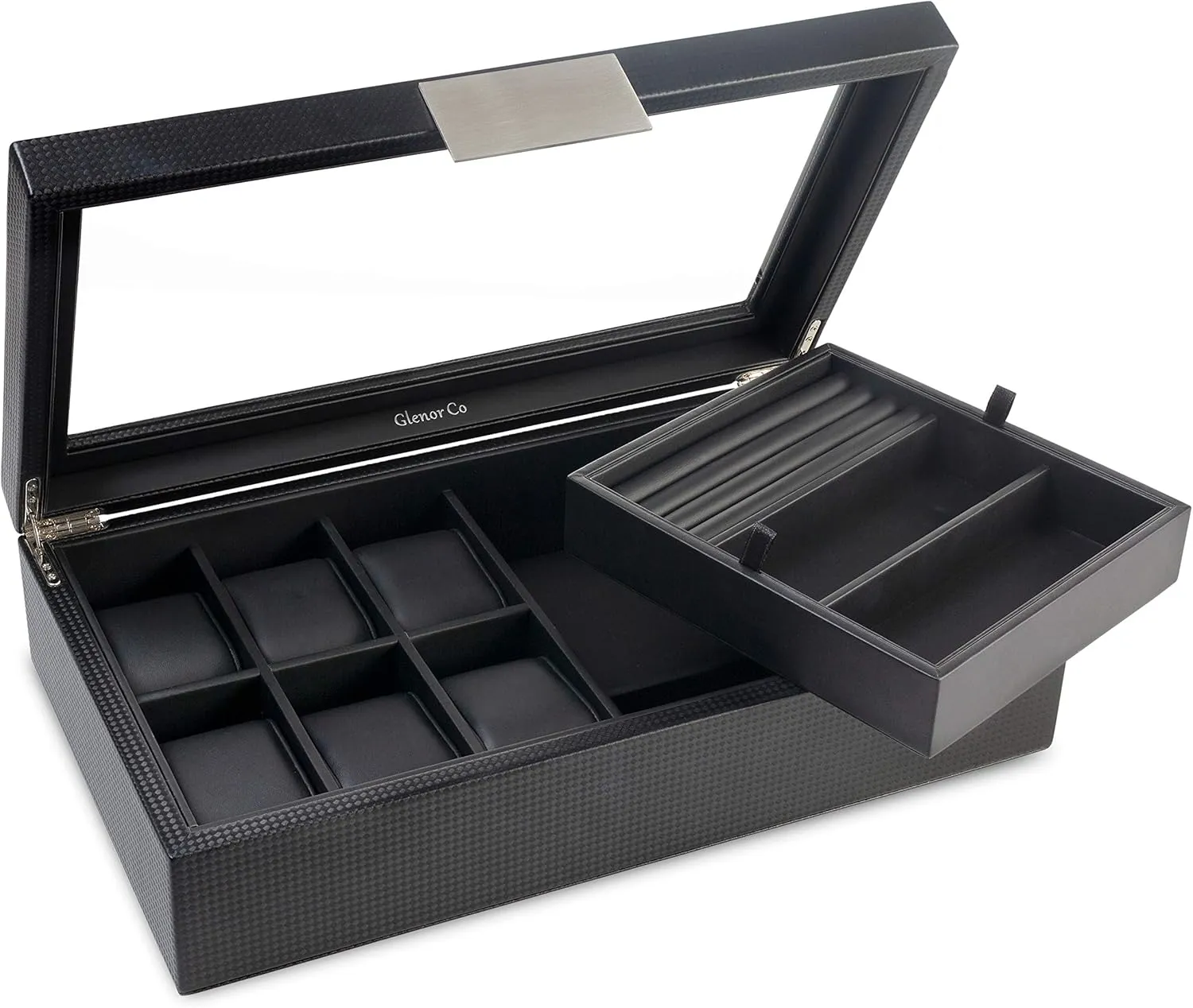 Valet Jewelry Box for Men - Holds 6 Watches, 12 cufflinks, 2 Sunglasses & Tray Storage - Mens Watch Case - CarbonFiber Organizer w Metal Accents, PU Leather & Large Glass Lid - Black