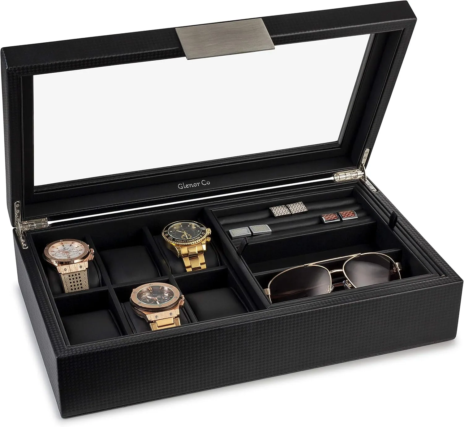 Valet Jewelry Box for Men - Holds 6 Watches, 12 cufflinks, 2 Sunglasses & Tray Storage - Mens Watch Case - CarbonFiber Organizer w Metal Accents, PU Leather & Large Glass Lid - Black