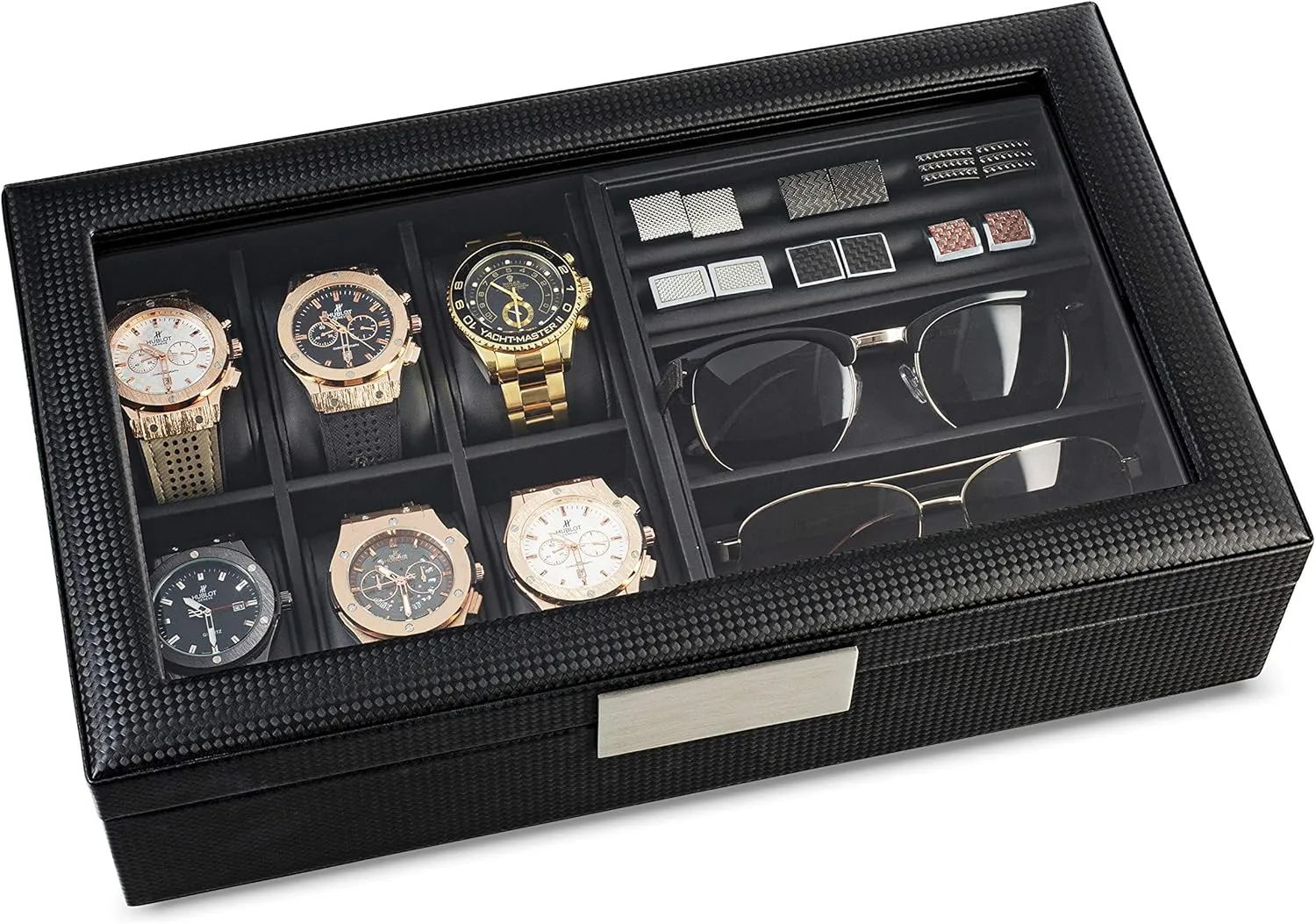 Valet Jewelry Box for Men - Holds 6 Watches, 12 cufflinks, 2 Sunglasses & Tray Storage - Mens Watch Case - CarbonFiber Organizer w Metal Accents, PU Leather & Large Glass Lid - Black