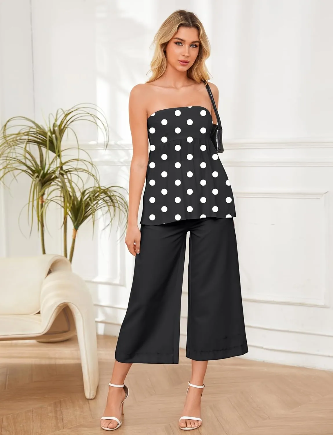 Women Strapless Bandeau Tube Top Smocked Back Sleeveless Strapless Peplum Tops Flowy Ruffle Hem Solid Sexy Going Out Tanks