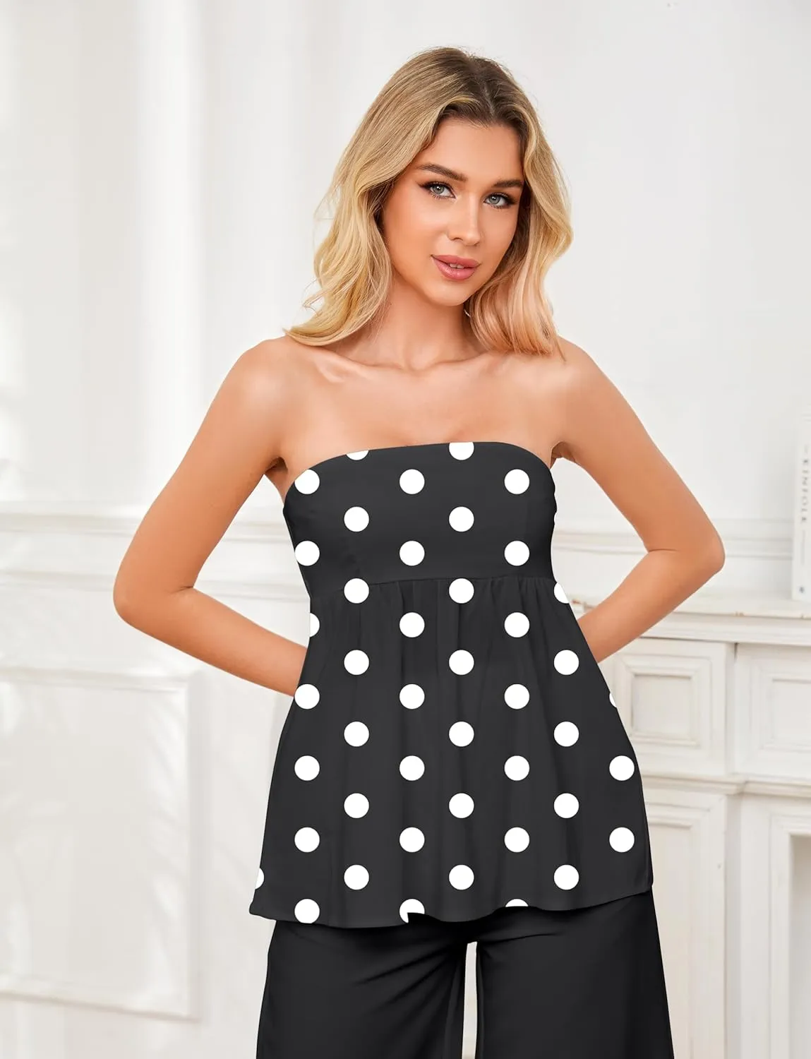Women Strapless Bandeau Tube Top Smocked Back Sleeveless Strapless Peplum Tops Flowy Ruffle Hem Solid Sexy Going Out Tanks