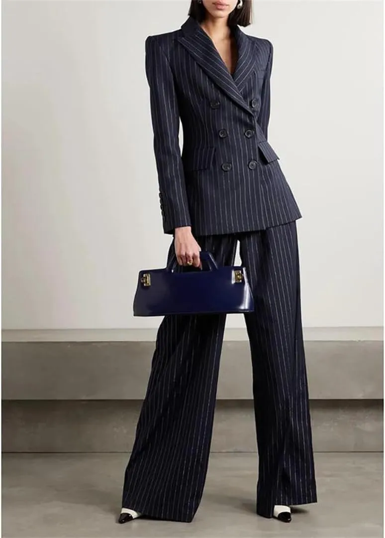 Women Two Piece Suit (Jacket Trousers) Slim Double Breasted Blazer Pants Set