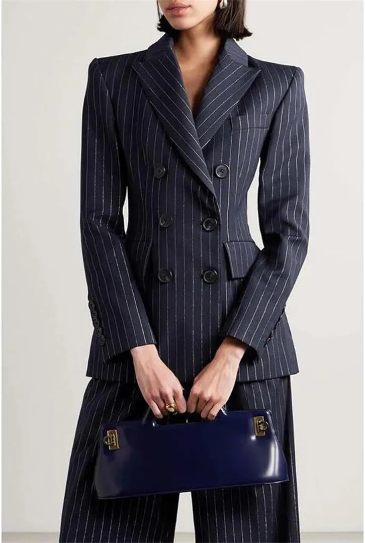 Women Two Piece Suit (Jacket Trousers) Slim Double Breasted Blazer Pants Set