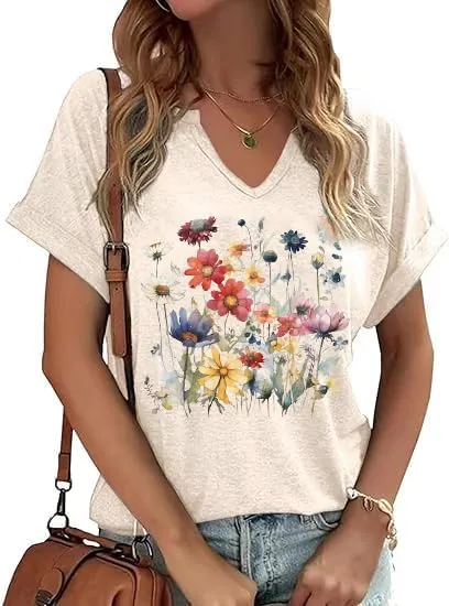 Women Vintage V Neck Shirts Rock and Roll Music Guitar Graphic T Shirt Country Music Tops Teacher Tee