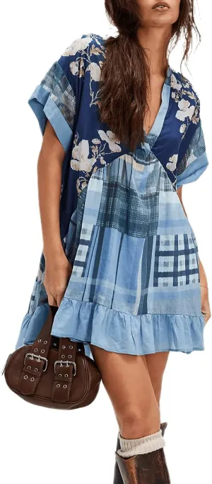 Womens Boho Mini Dress Y2k Floral Print Deep V-Neck Puff Sleeve Short Dress 2025 Summer Loose Beach Sundress