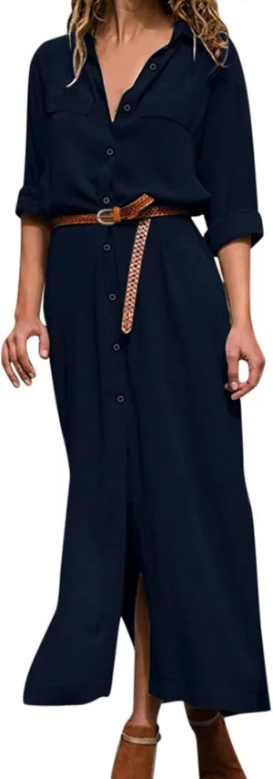 Womens Long Shirt Dress Lapel V Neck Long Sleeve Button Down Tie Waist Side Slit Business Loose Mixi Dresses
