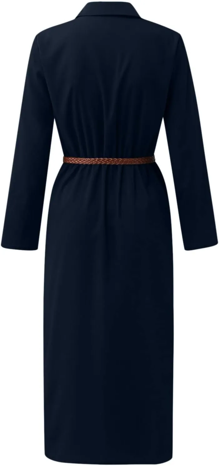Womens Long Shirt Dress Lapel V Neck Long Sleeve Button Down Tie Waist Side Slit Business Loose Mixi Dresses