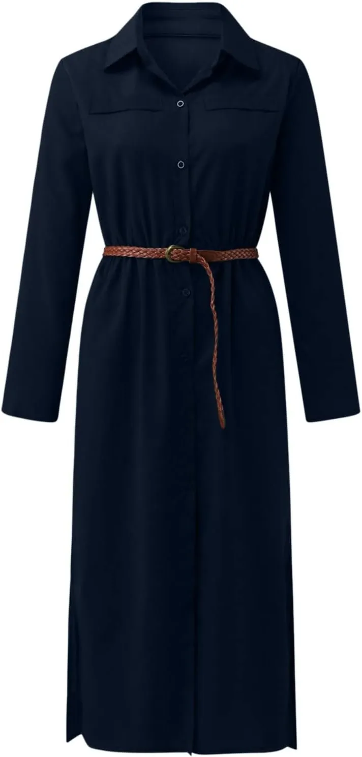 Womens Long Shirt Dress Lapel V Neck Long Sleeve Button Down Tie Waist Side Slit Business Loose Mixi Dresses