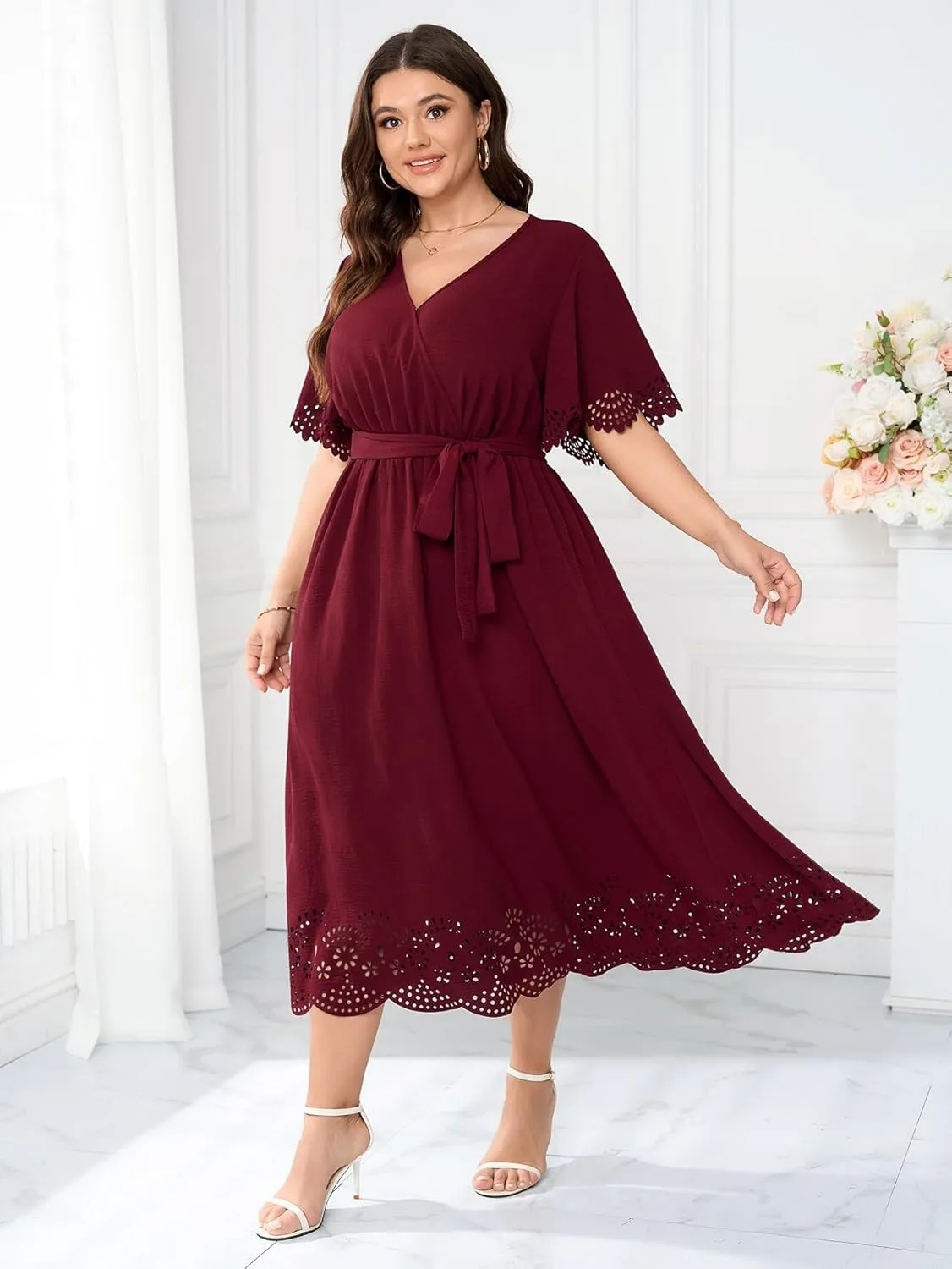 Womens Plus Size Wedding Guest Cocktail Dress Wrap V Neck A-Line Swing Maxi Dresses with Belt