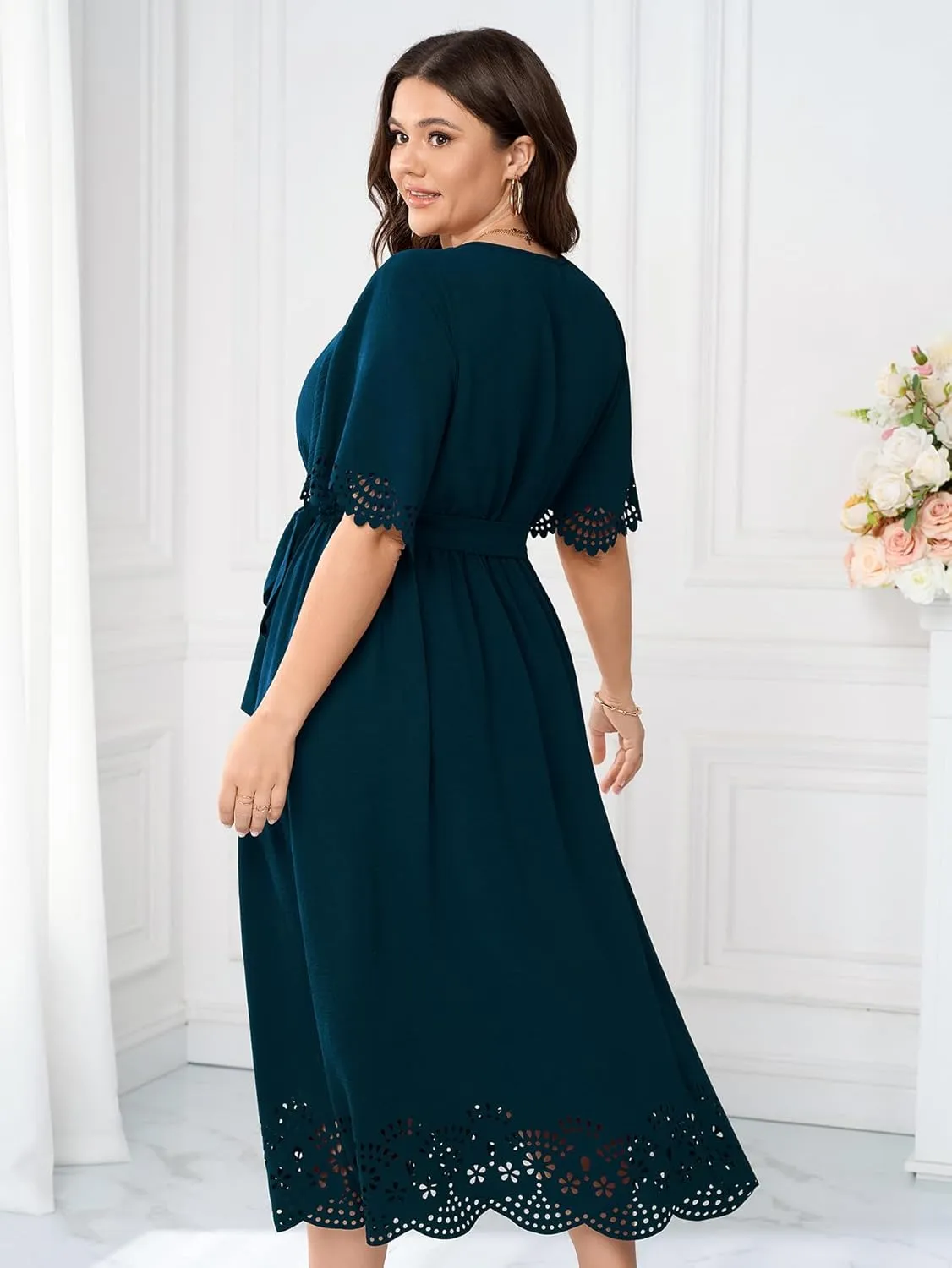 Womens Plus Size Wedding Guest Cocktail Dress Wrap V Neck A-Line Swing Maxi Dresses with Belt