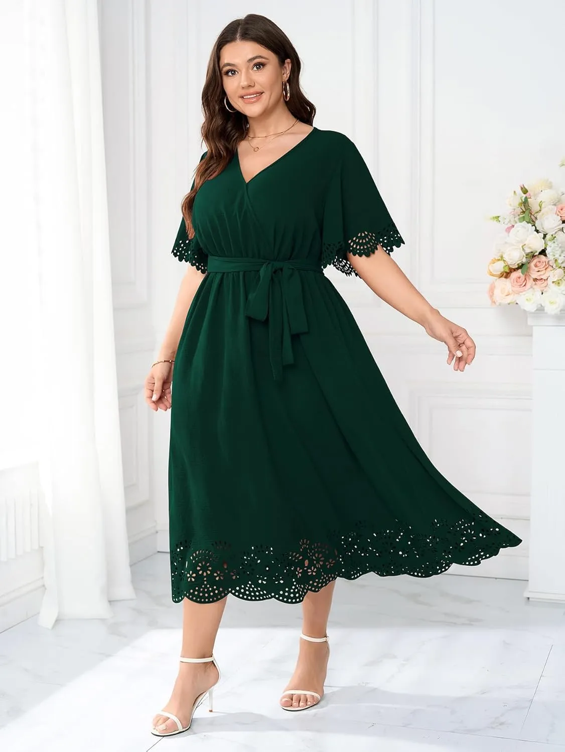 Womens Plus Size Wedding Guest Cocktail Dress Wrap V Neck A-Line Swing Maxi Dresses with Belt