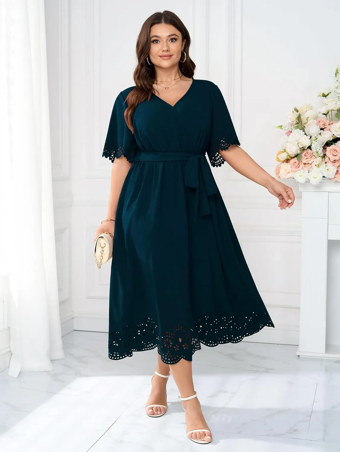 Womens Plus Size Wedding Guest Cocktail Dress Wrap V Neck A-Line Swing Maxi Dresses with Belt