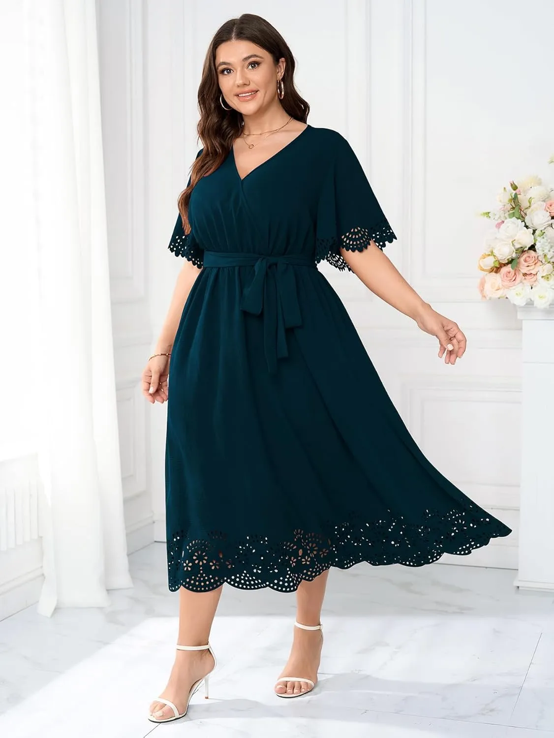 Womens Plus Size Wedding Guest Cocktail Dress Wrap V Neck A-Line Swing Maxi Dresses with Belt
