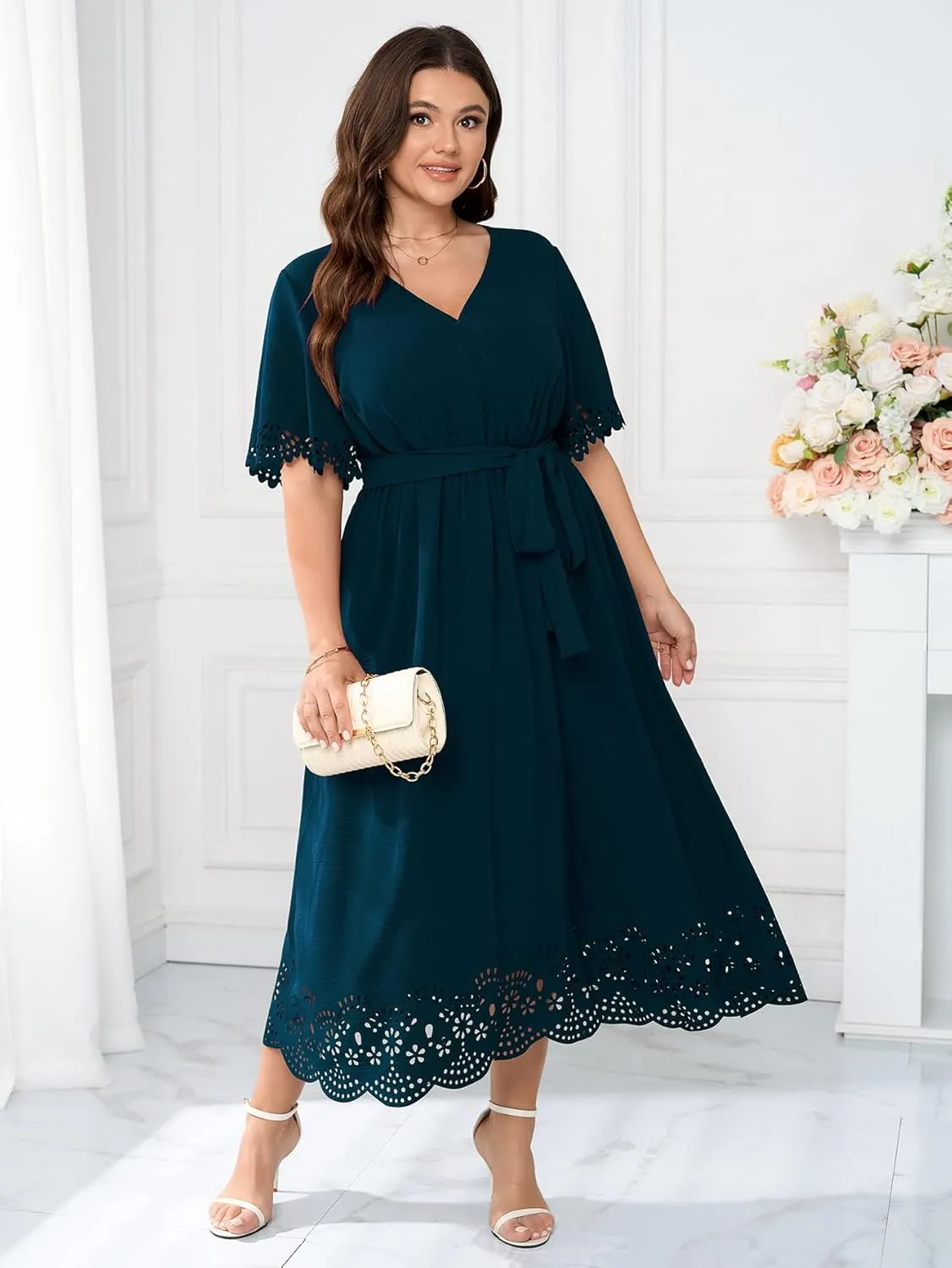 Womens Plus Size Wedding Guest Cocktail Dress Wrap V Neck A-Line Swing Maxi Dresses with Belt