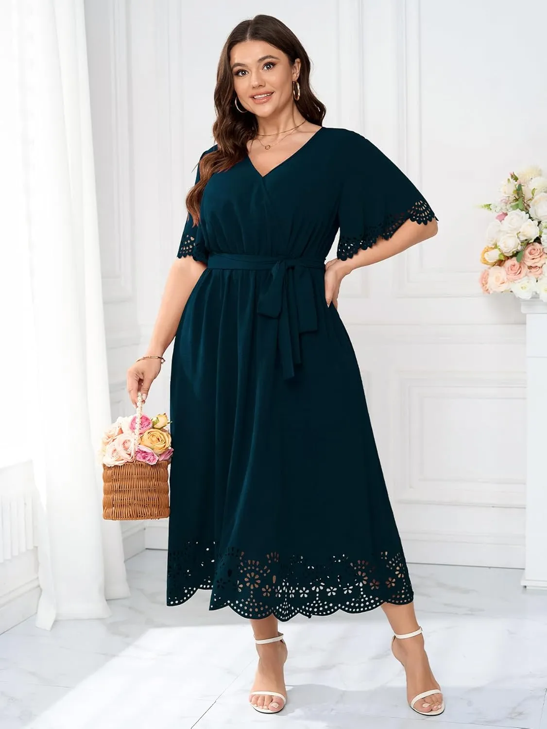 Womens Plus Size Wedding Guest Cocktail Dress Wrap V Neck A-Line Swing Maxi Dresses with Belt