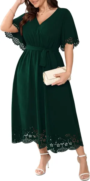 Womens Plus Size Wedding Guest Cocktail Dress Wrap V Neck A-Line Swing Maxi Dresses with Belt