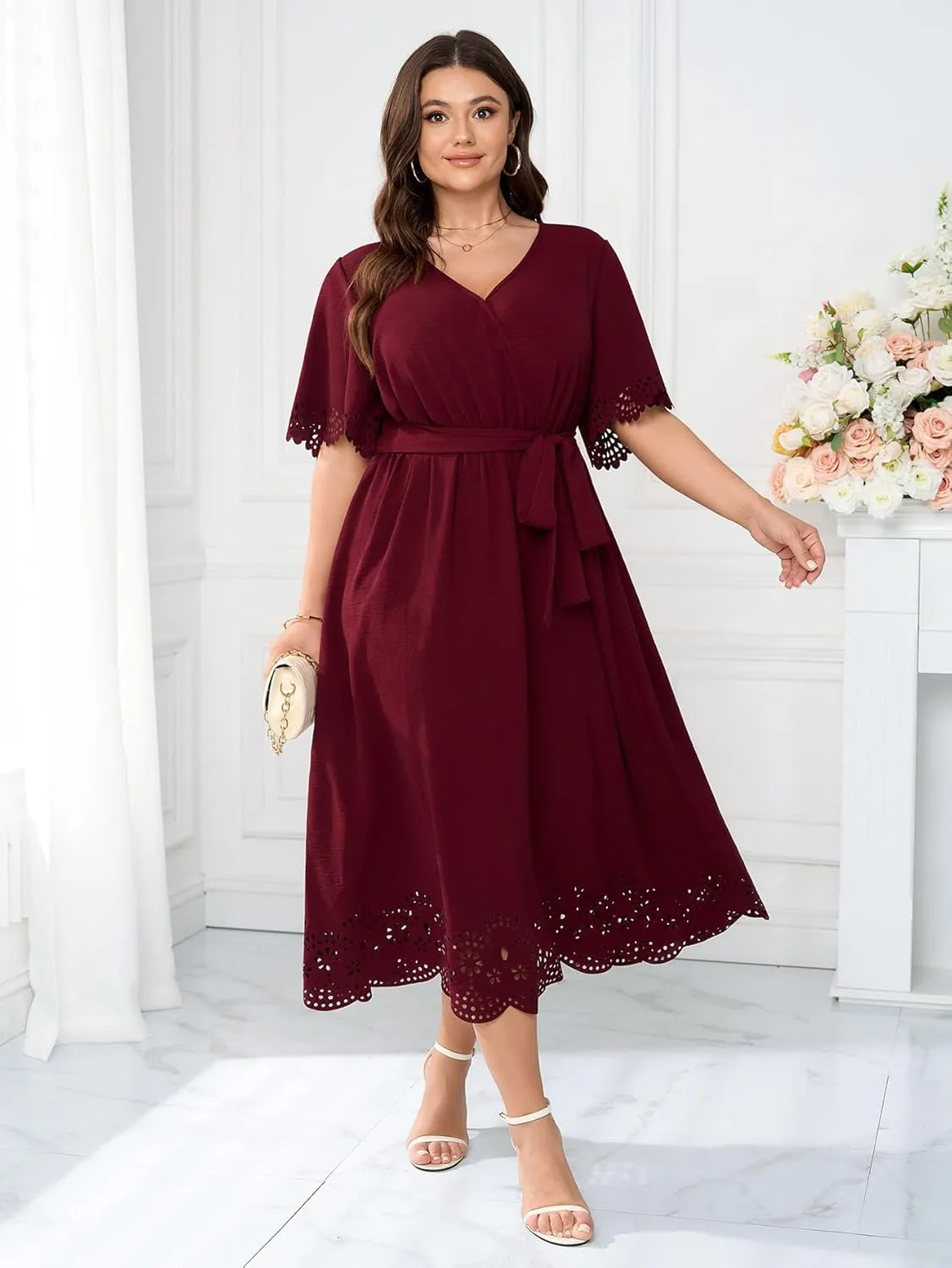 Womens Plus Size Wedding Guest Cocktail Dress Wrap V Neck A-Line Swing Maxi Dresses with Belt