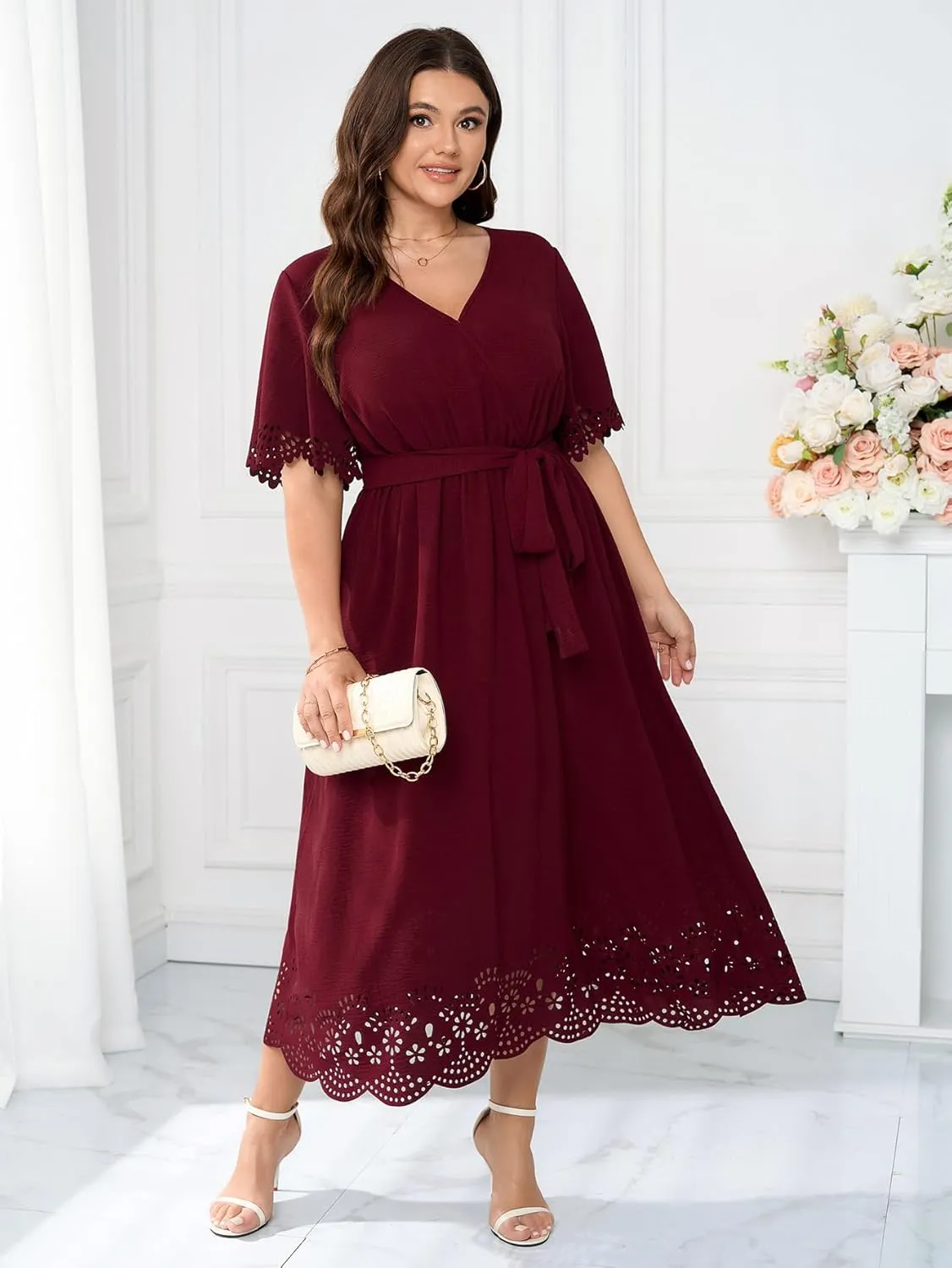 Womens Plus Size Wedding Guest Cocktail Dress Wrap V Neck A-Line Swing Maxi Dresses with Belt