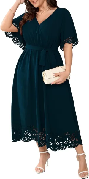 Womens Plus Size Wedding Guest Cocktail Dress Wrap V Neck A-Line Swing Maxi Dresses with Belt